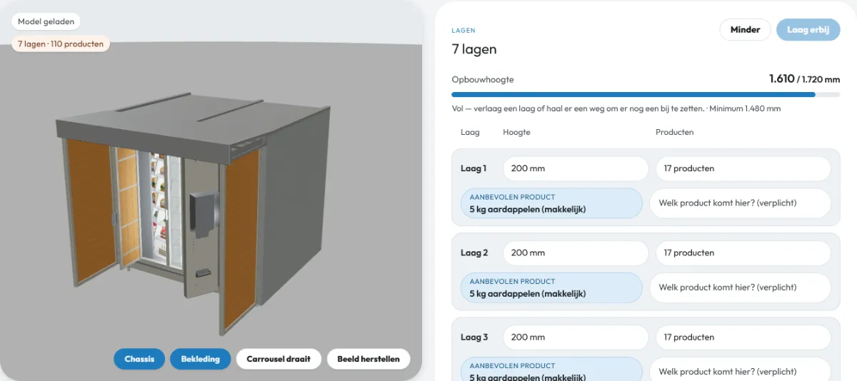 De configurator van Vendavid: links het 3D-model, rechts de instellingen per laag met de opbouwhoogte