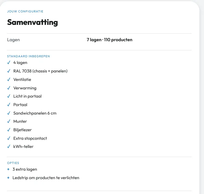 Samenvatting van een samengestelde automaat, met wat standaard inbegrepen is en de gekozen opties